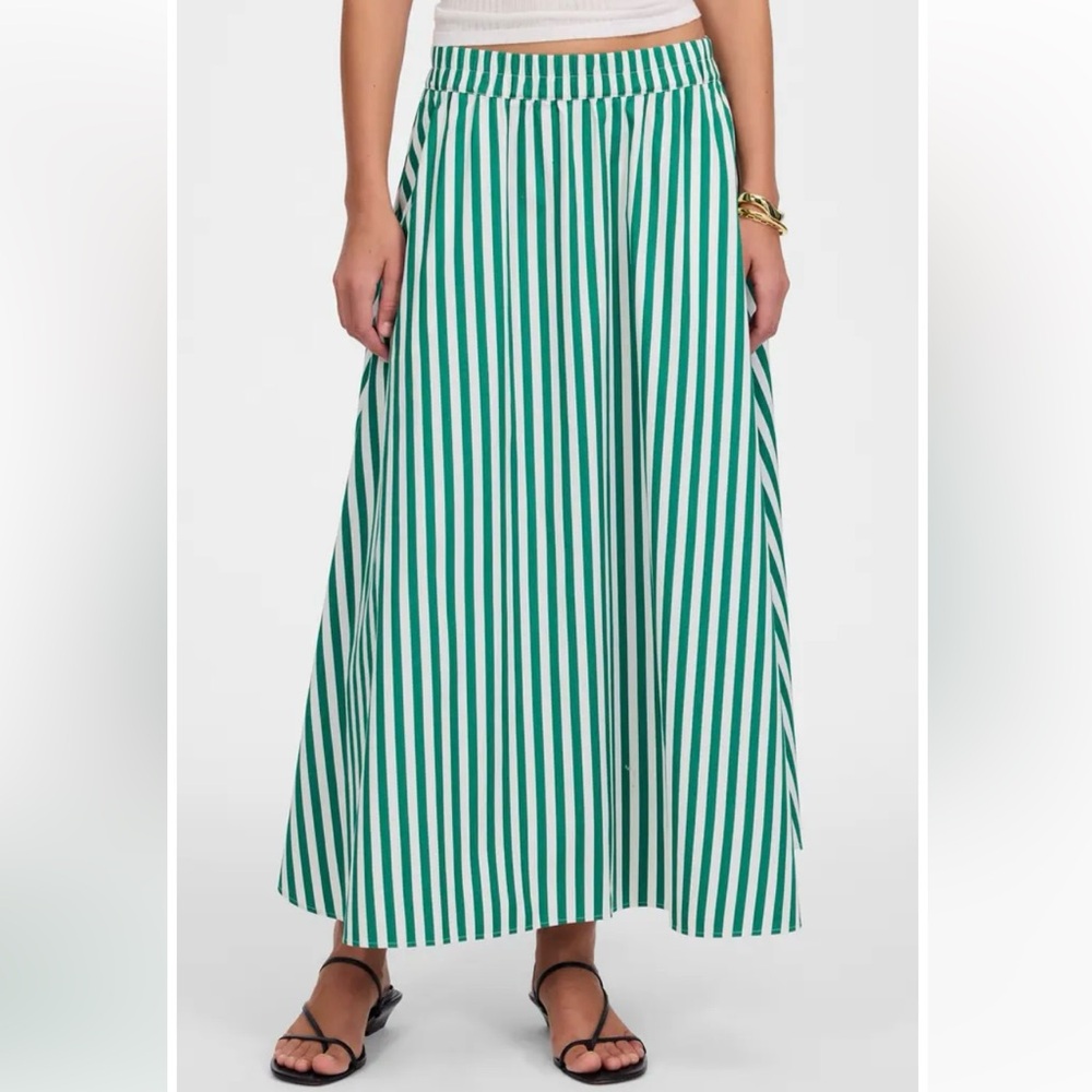 Madewell Green and White Striped Midi Skirt